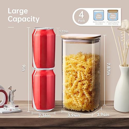 Miniatura 2 de Frascos de vidrio cuadrados con tapas de bambú 1.57 L Set de 4, botes de vidrio con tapa hermética, recipientes de vidrio para almacenamiento de