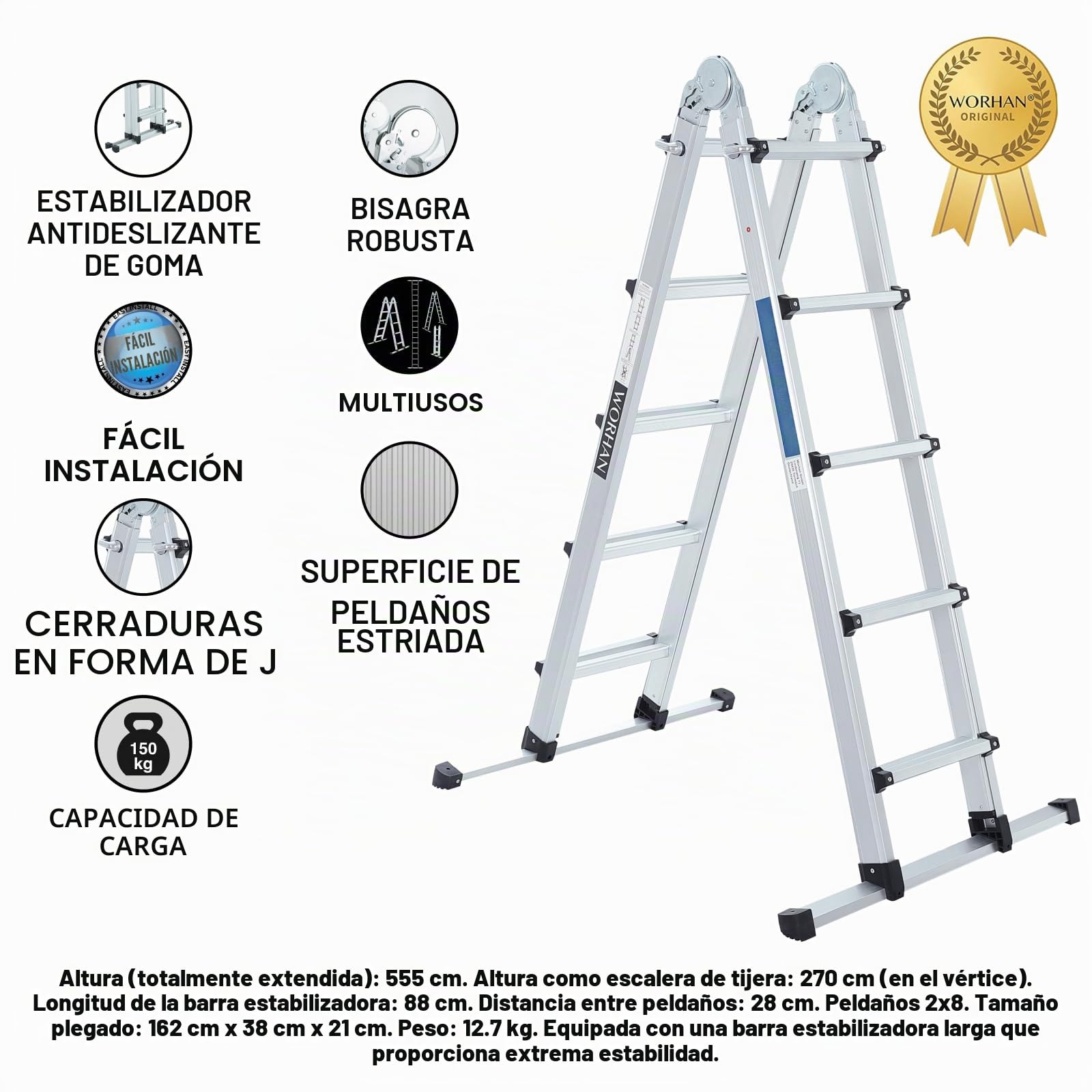 Escalera Telescópica Extensible Aluminio 555cm con Estabilizador Escalera de Tijera Robusta Versátil Plegable LG5.5