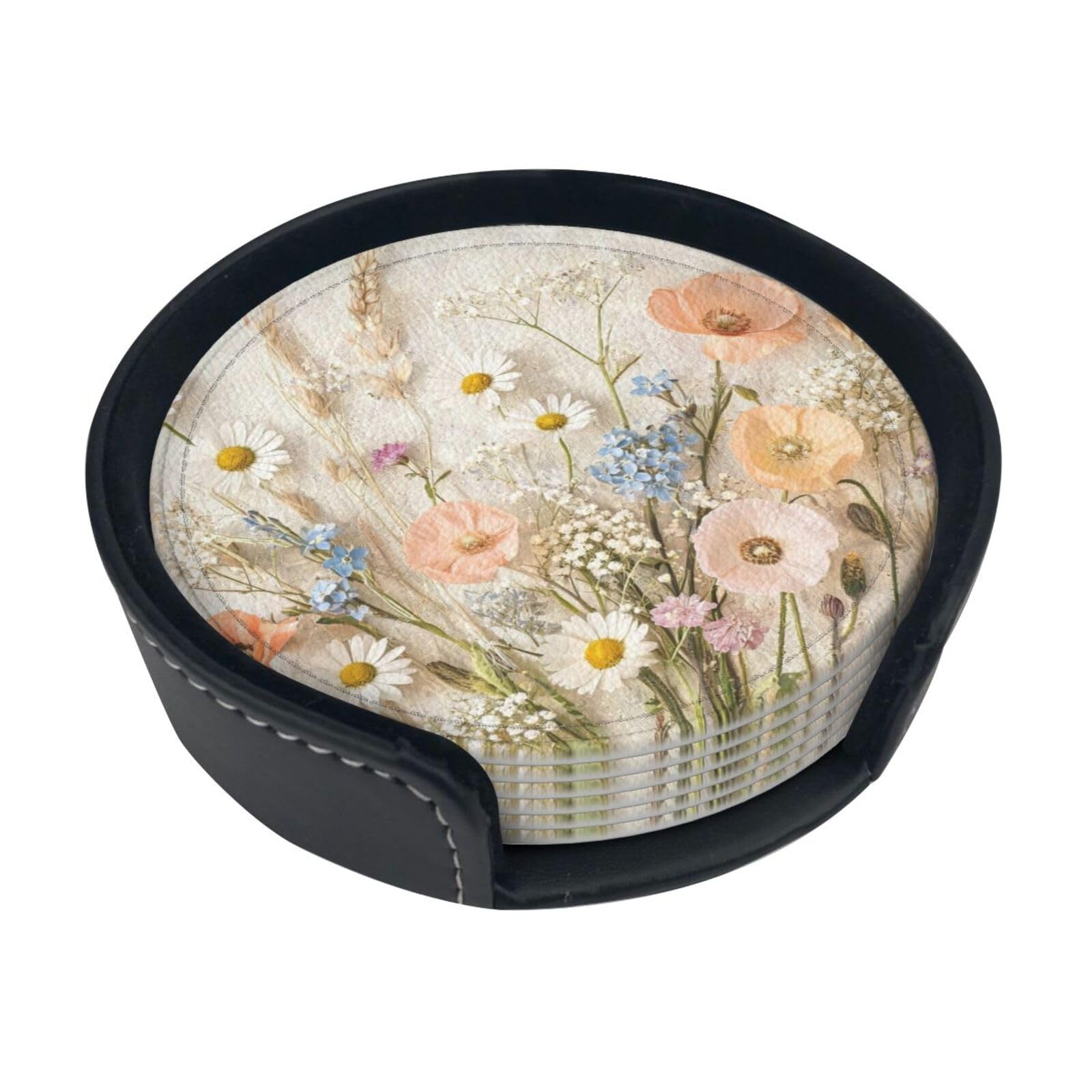 Wildflower Vintage Print Leather Coasters-Set of 6 with Storage Holder