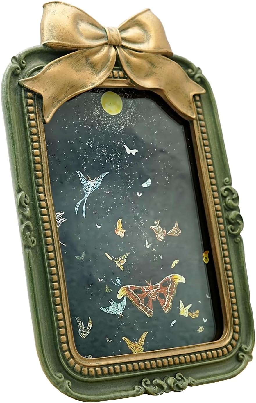 5x7 Vintage Picture Frame, Antique Green Ornate Bow Photo Frame for Wall Hanging or Tabletop Display, Retro Home Decor, Photo Gallery Art