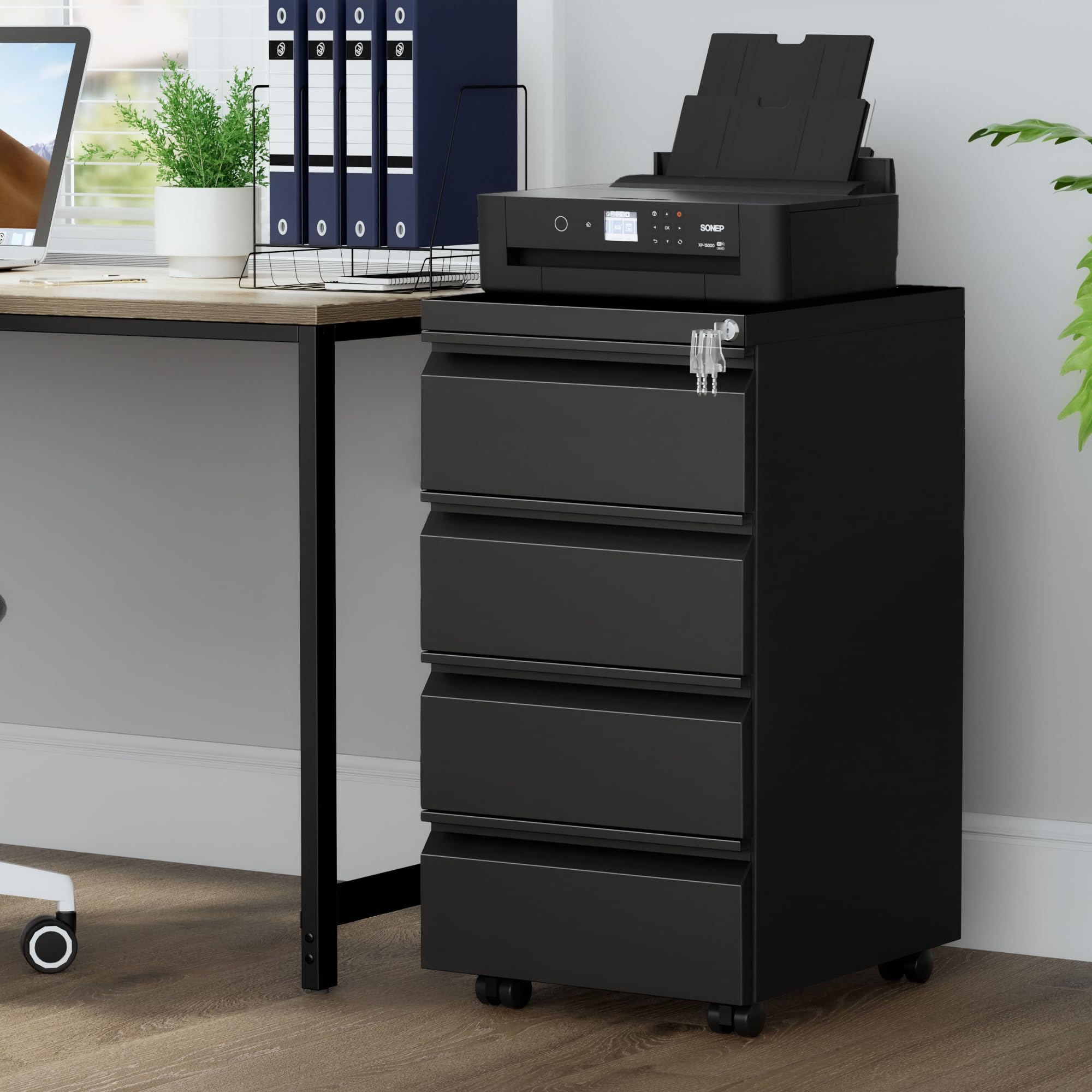 Rollcontainer, Mobiler Aktenschrank mit Schloss, 4 Schlüssel, 4 Schubladen, Büroschrank aus Metall, Bereits Vormontiert, für Büro, Heimbüro, Schwarz