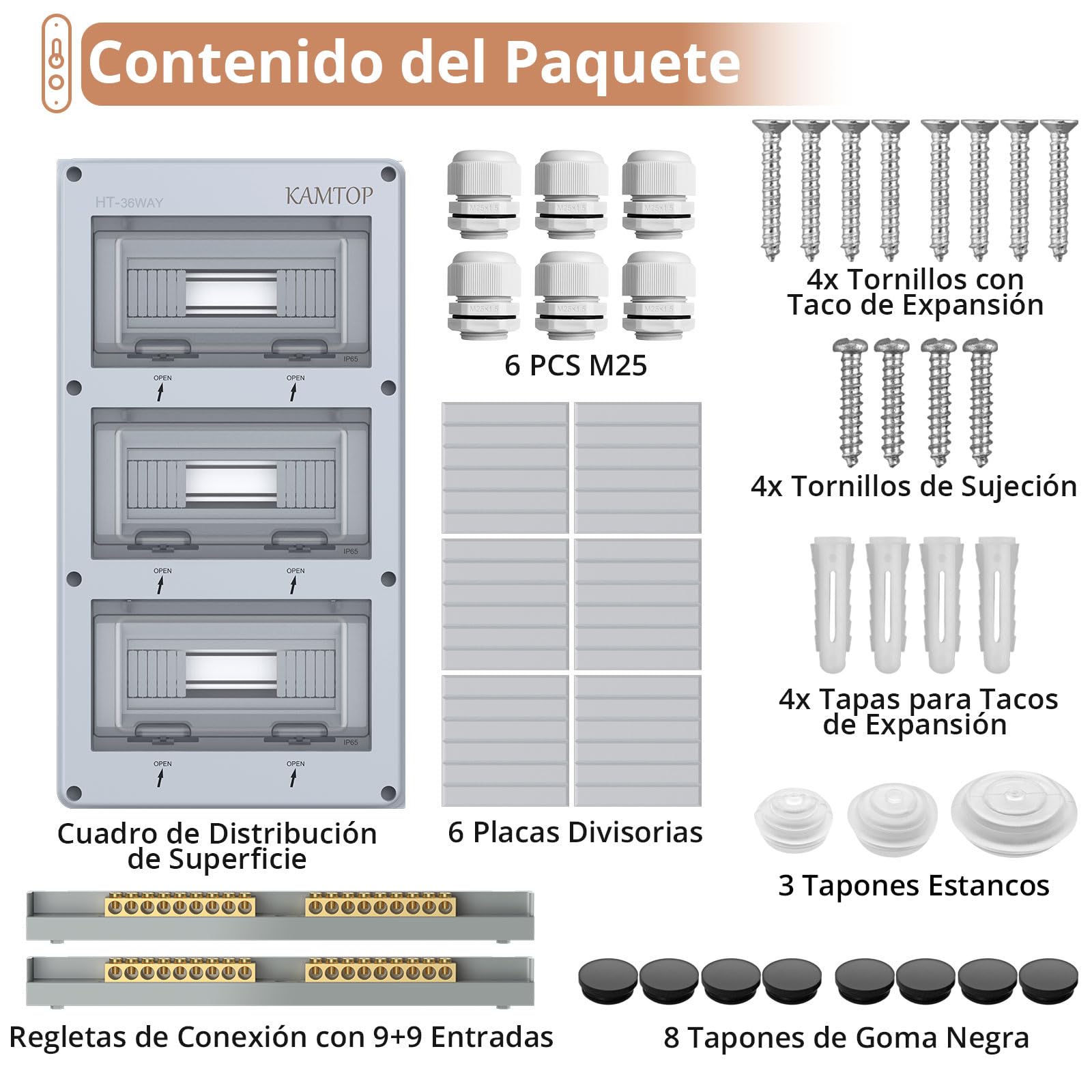 KAMTOP Caja de Distribución 36 Módulos IP65 para Superficie Cuadro Eléctrico Exterior con Tapa Transparente Caja Estanca Impermeable con Carril DIN para Interruptores Automáticos Tomas y Conexiones | Caja para magnetotérmicos con carril DIN Caja de fusibl
