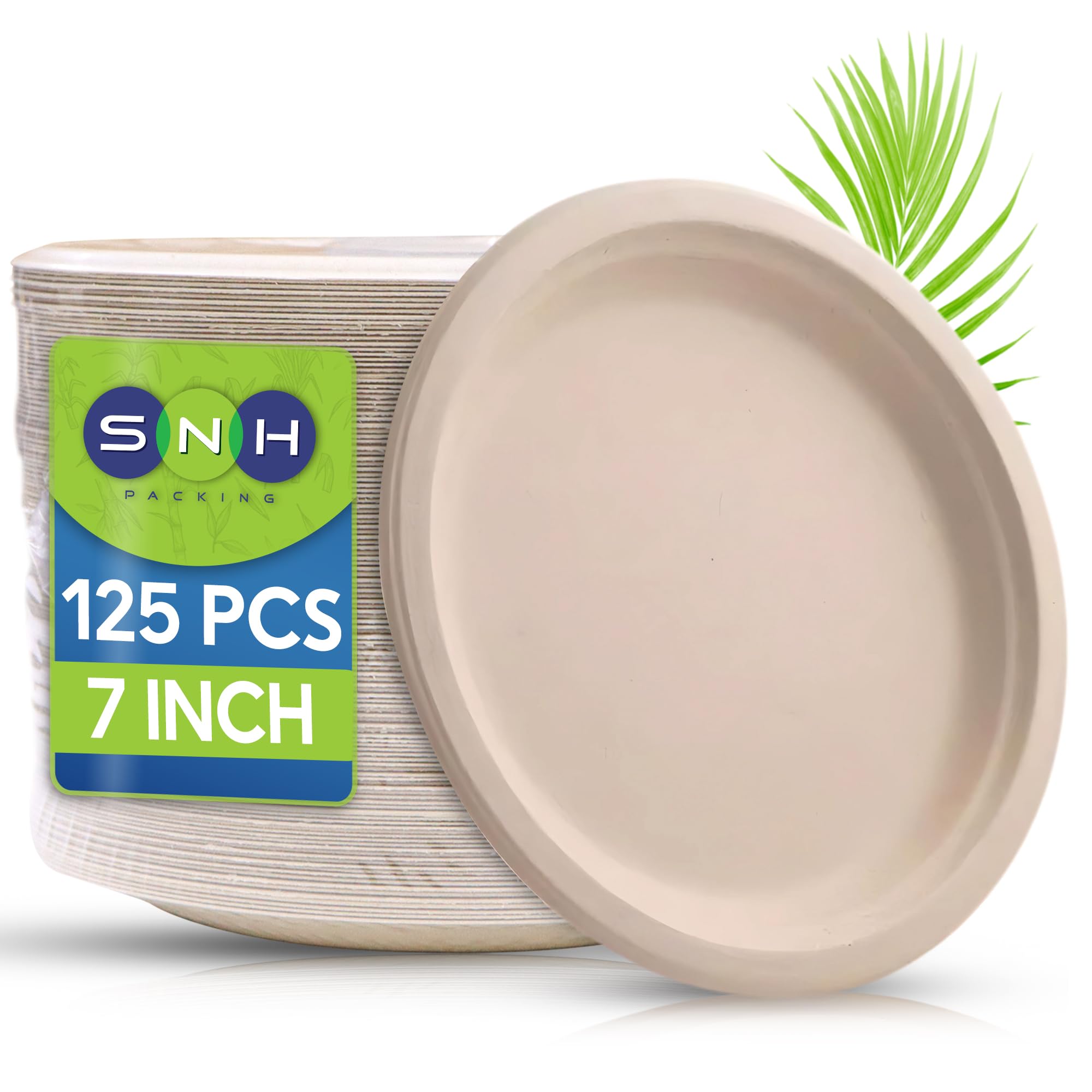 SNH Packing Piatti compostabili da 17,8 cm [confezione da 125], piatti di carta resistenti, ecologici, biodegradabili, in bagassa di canna da zucchero, marrone naturale, usa e getta, per dessert