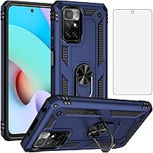 Asuwish Phone Case for Xiaomi Redmi 10/Redmi10 Prime with Tempered Glass Screen Protector Cover Stand Ring Holder Hard Shockproof Kickstand Magnetic Cell Accessories Redme 10 2022 Women Men Blue