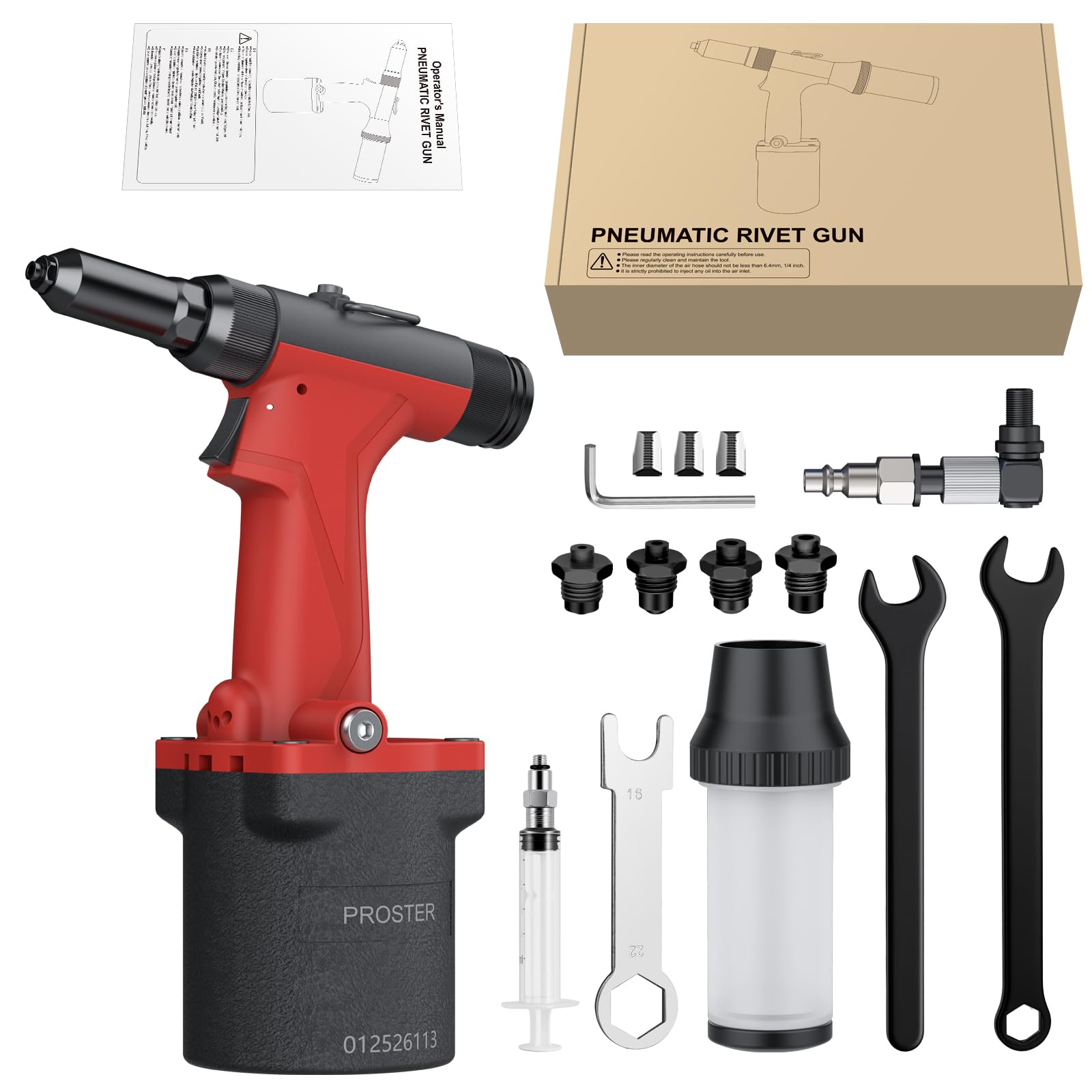 Proster Druckluft Nietzange - Schwerlast Aluminium Nietpistole für DIY, Auto, Boot & Werkstatt - Leicht, Ergonomisch, 360° drehbare Luftdüse, 4 Größen Rivet Köpfe（2.4-4.8mm）, Sammelbehälter