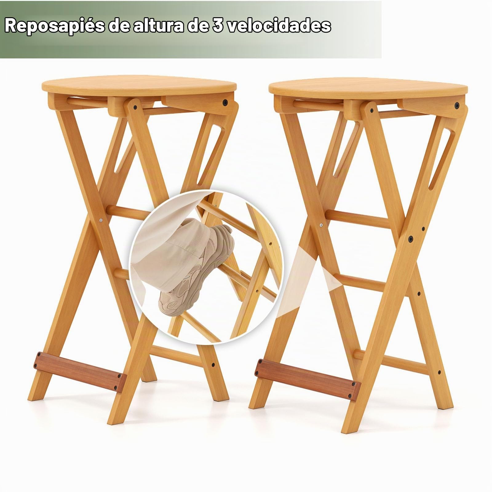 LIFEZEAL Juego de 2 taburetes de Bar de bambú, sillas Altas Plegables con reposapiés, Silla Alta Barra ergonómica sin Montaje, para Cocina, balcón, Carga 150 kg