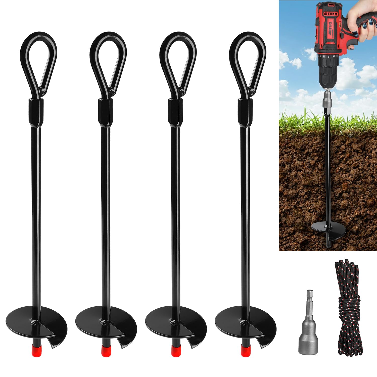 4 Pack Ground Anchor, 15 Inch Heavy Duty Earth Augers
