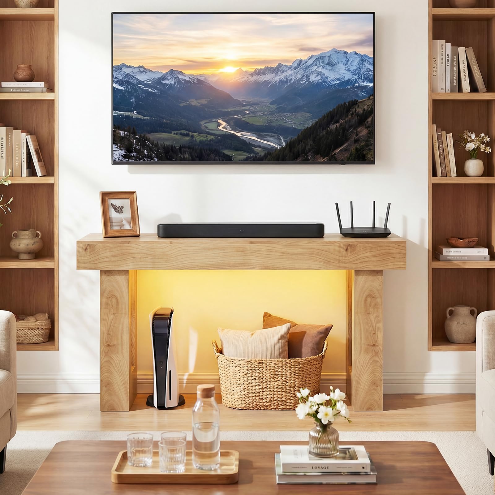 iSunirm Konsolentisch mit Steckdose, 120x35x85 cm schmaler Flurtisch mit 2 Steckdosen, 2 USB & Bewegungsmelder-Licht, Sofatisch für Flur, Wohnzimmer, hinter Sofa, Natureiche