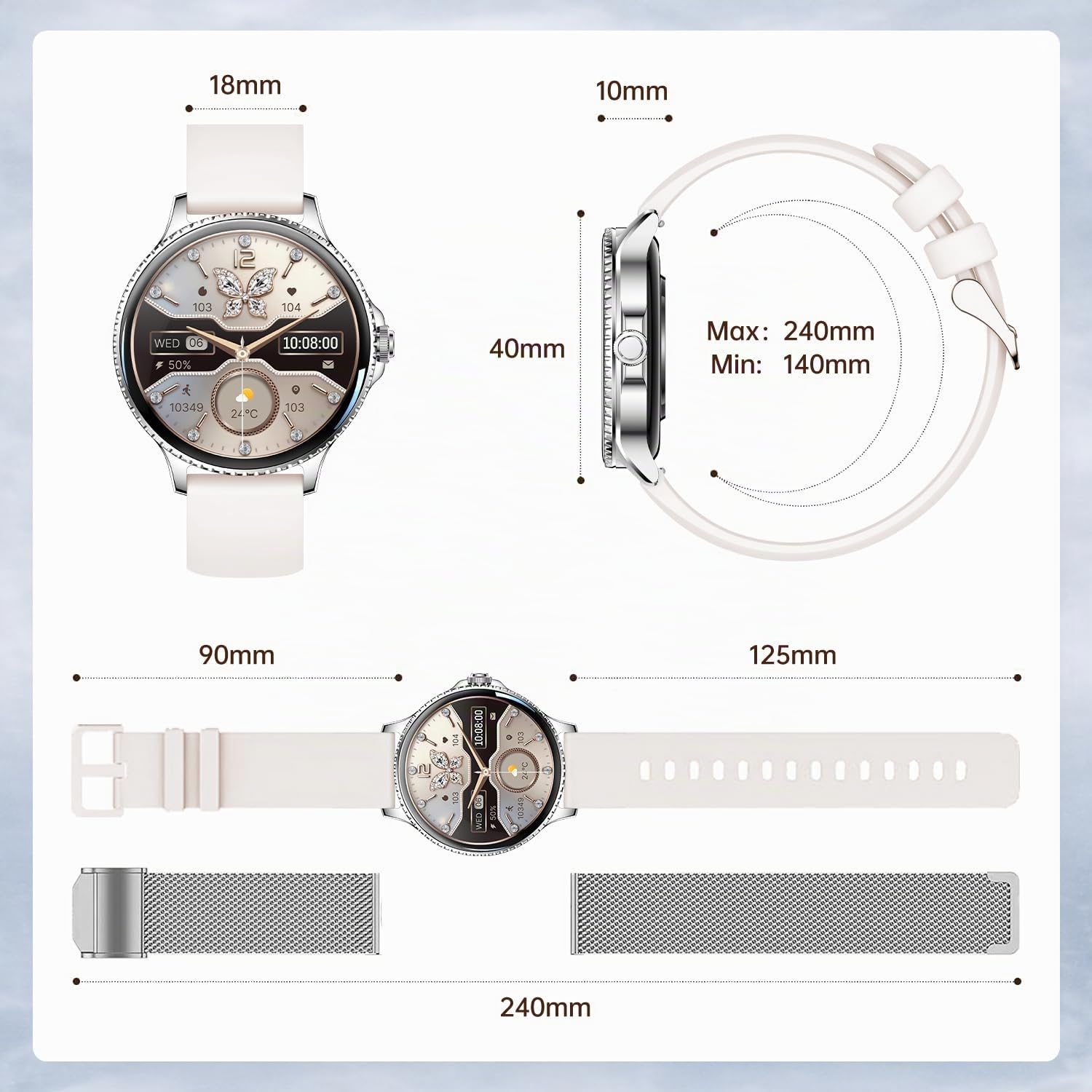 Montre Connectée Femme, 1.27" HD Smartwatch avec Appel Bluetooth, 110+ Modes Sportifs, Fonction Féminine, Sommeil, Fréquence Cardiaque, SpO2, Étanche IP68 Montre Intelligente pour Android iOS, Argent