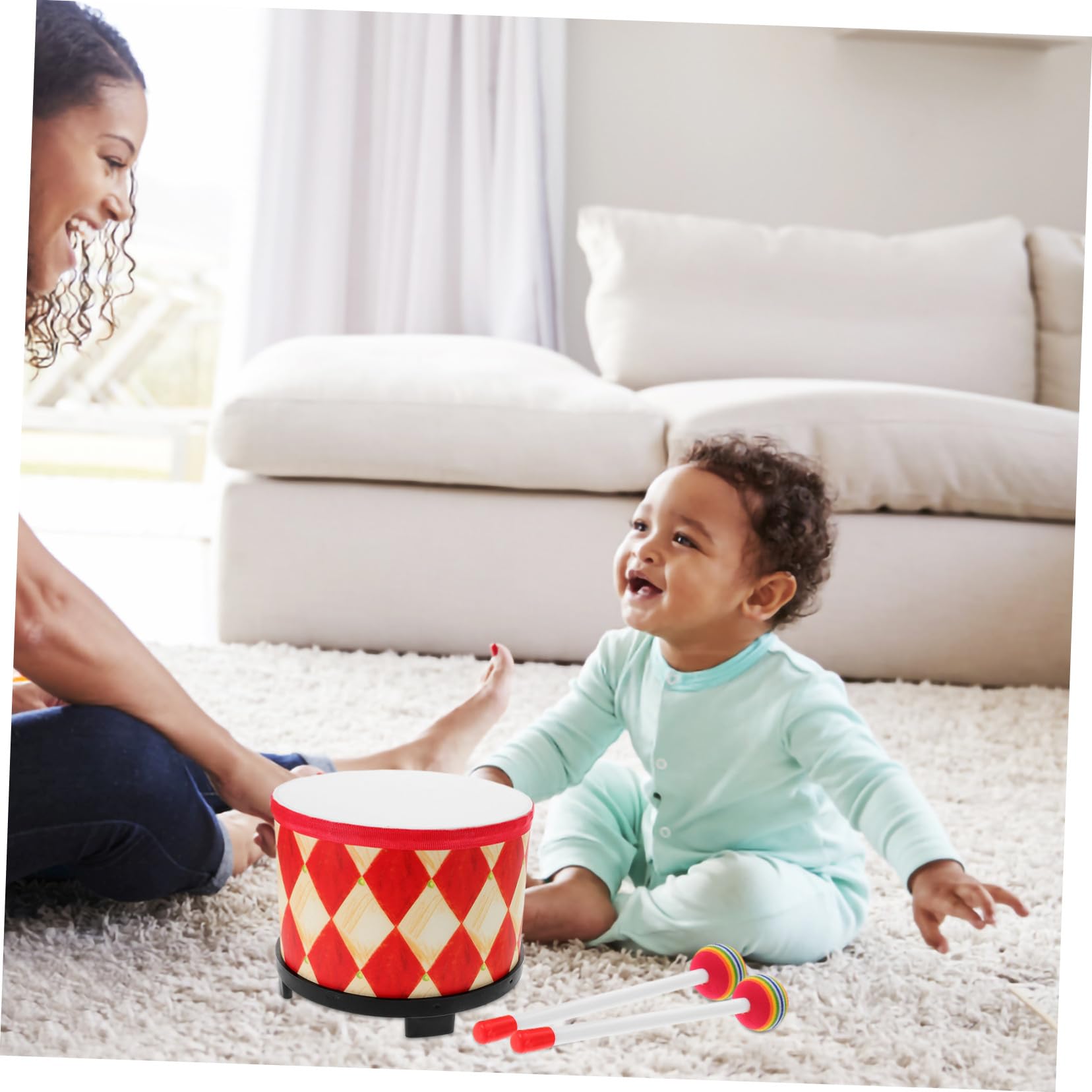 Tamburello a Mano Tamburo Musicale per Bambini Piccoli 20 Cm con Design Rosso a Griglia per Gioco Educativo Individuale e Attività di Gruppo
