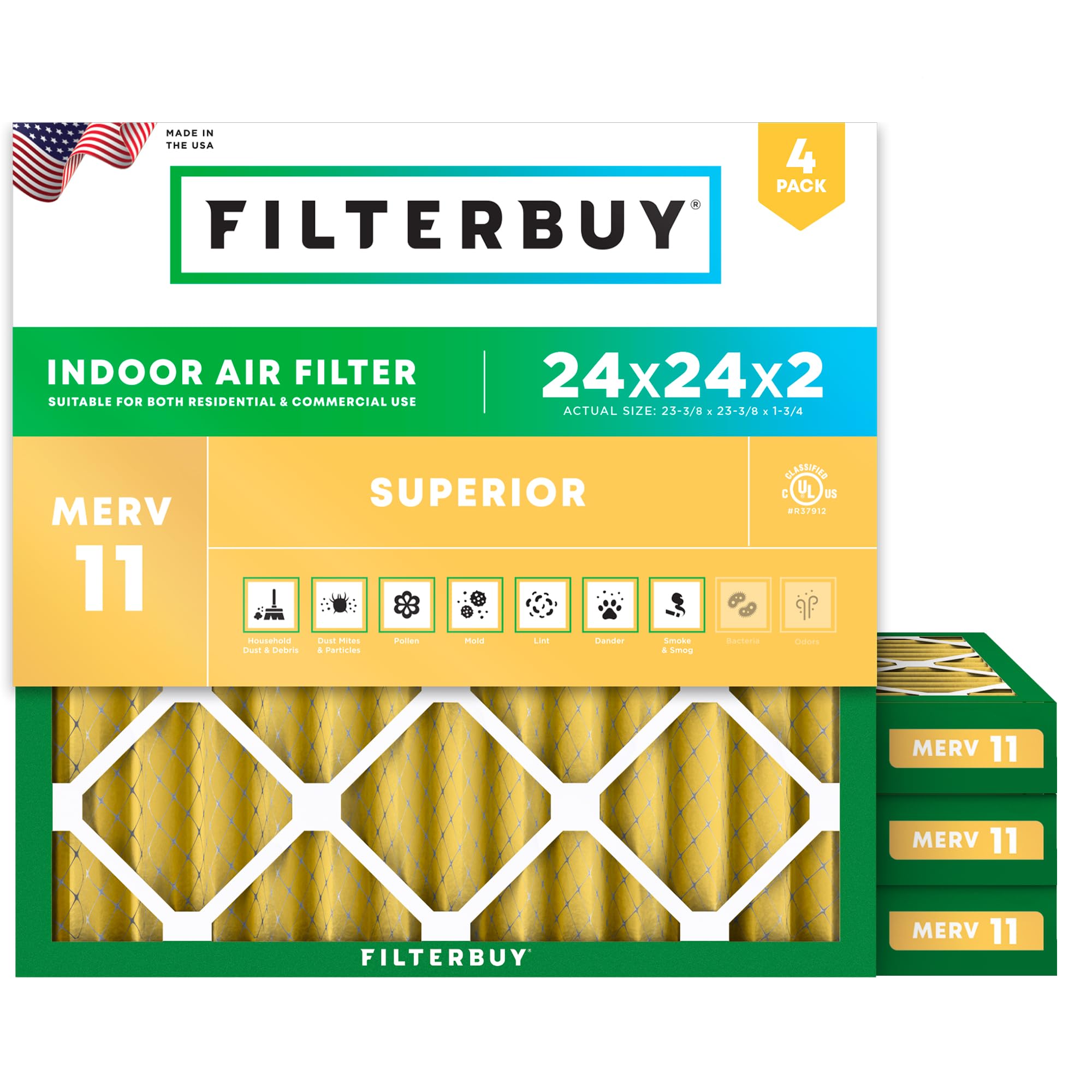 Filterbuy 24x24x2 Air Filter MERV 11 Pet &amp; Allergy Defense (4-Pack)