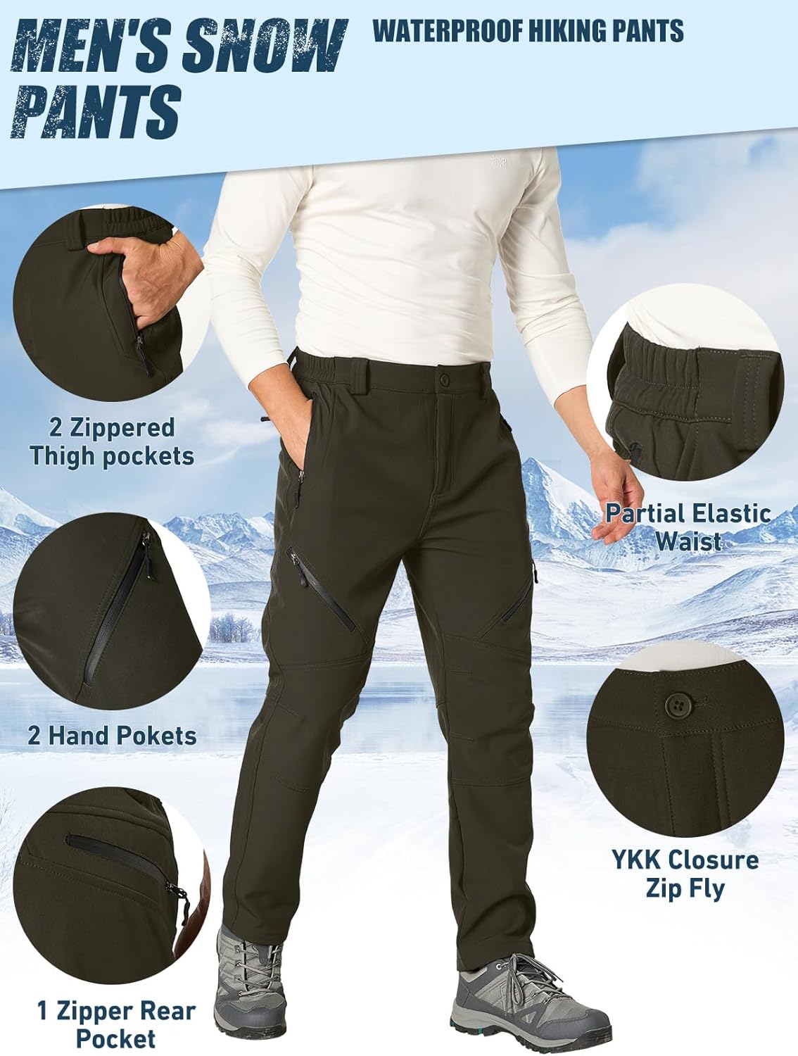 Men's Snow Ski Waterproof Fleece Lined Pants Winter Insulated Outdoor Hiking Mountain Softshell - Image 3