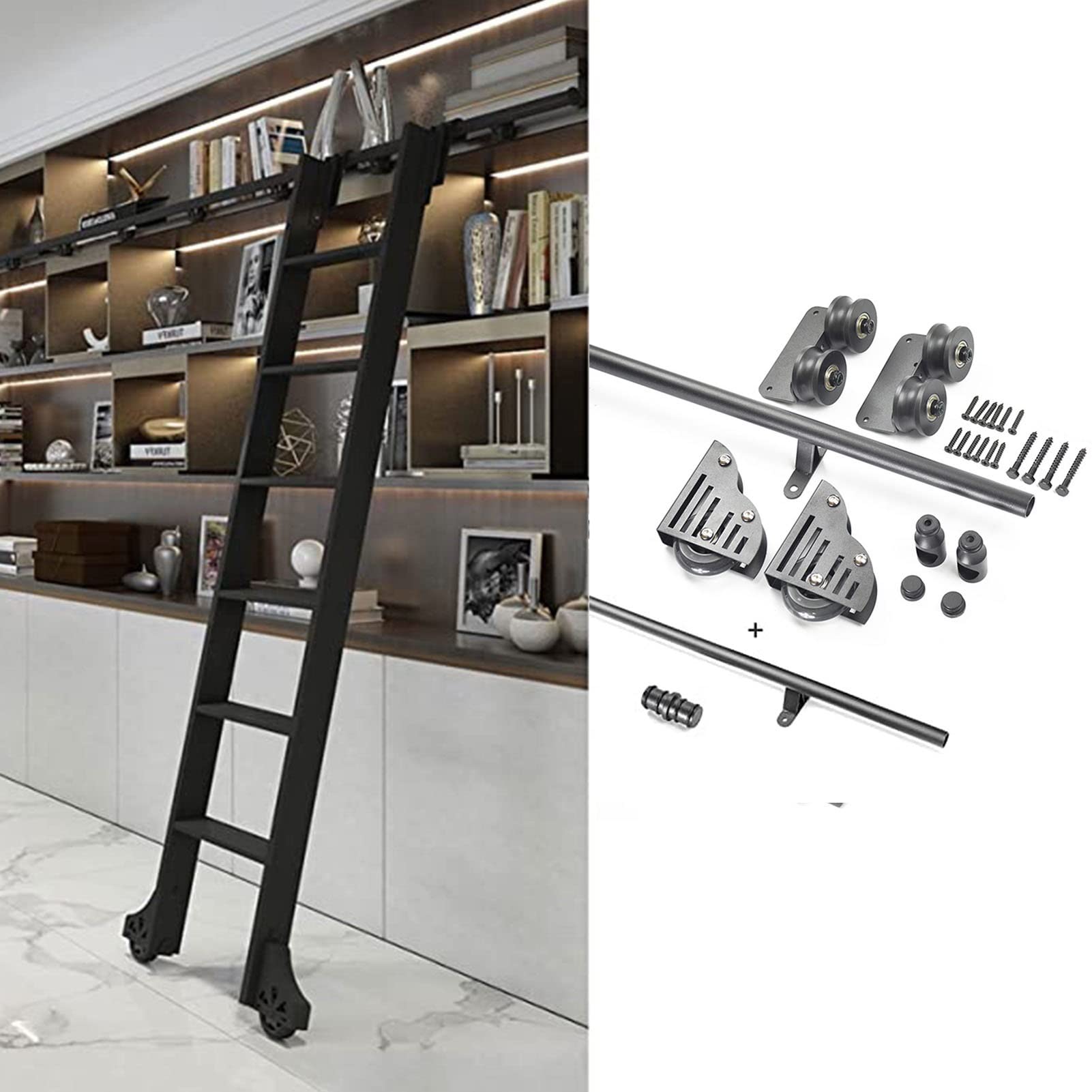 Kit porte de grange coulissante noire premium, rail robuste 20 pieds pour échelle de bibliothèque