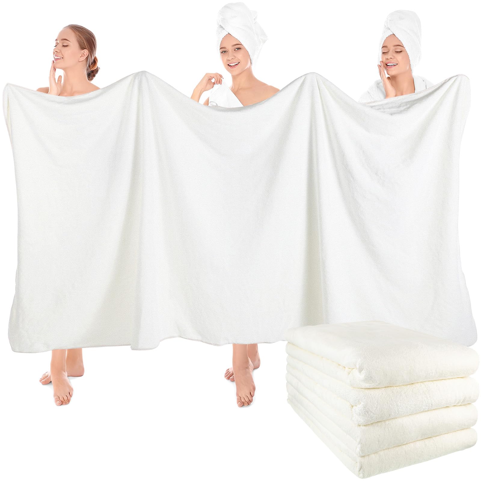 Preboun 4 Pcs Oversized Fleece Bath Towels, 40 x 80 Inch Bath Sheets Extra Large Microfiber Coral Velvet Highly Absorbent Towels 350GSM High Density Towel for Adults Home Bath Beach SPA (Cream Color)