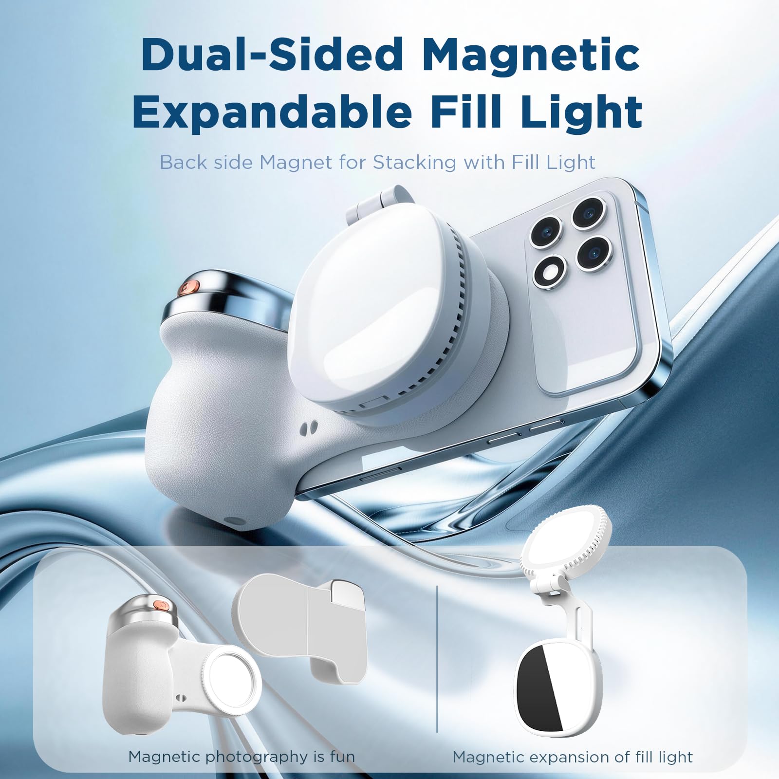 Impugnatura magnetica per fotocamera del telefono + kit di luci magnetiche per selfie compatibile con iPhone Magsafe/Android con telecomando wireless staccabile e comodo gancio portachiavi