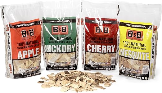 BBQ Wood Chips for Smoker Variety Pack (4 Flavors) Apple, Mesquite, Hickory, & Cherry Wood Chips for Smoking, Grilling & Camping, 180 Cu. in Per Bag - Made in USA