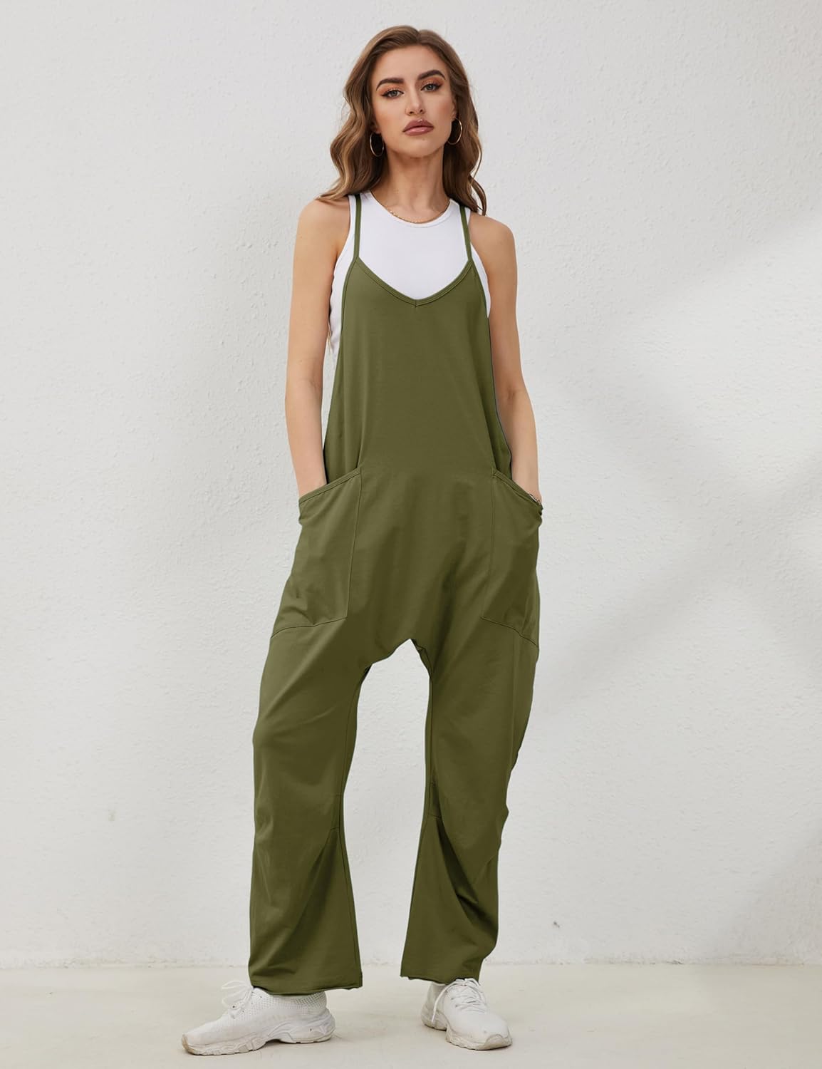 Lentta Women's Causal Jumpsuits V Neck Sleeveless Harem Overalls Stretchy Adjustable Strap Romper with Pockets