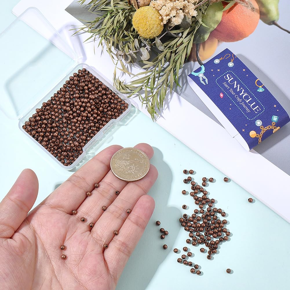 SUNNYCLUE 1 scatola Da 600 pezzi Perline Distanziatrici Rotonde Da 3mm Perline di Metlega Color Rame Antico Piccole Sfere Rotonde Lisce Distanziatori Sciolti per Braccialetti Collane Orecchini Impilab