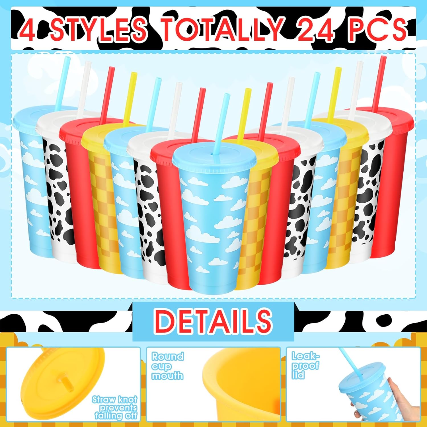 Havawish Cartoon Party Plastic Tumbler with Lid and Straw 24 oz Blue White Cloud Reusable Plastic Cups Cow Print Theme Drinking Cups for Birthday Carnival Party Supplies(24 Pcs)