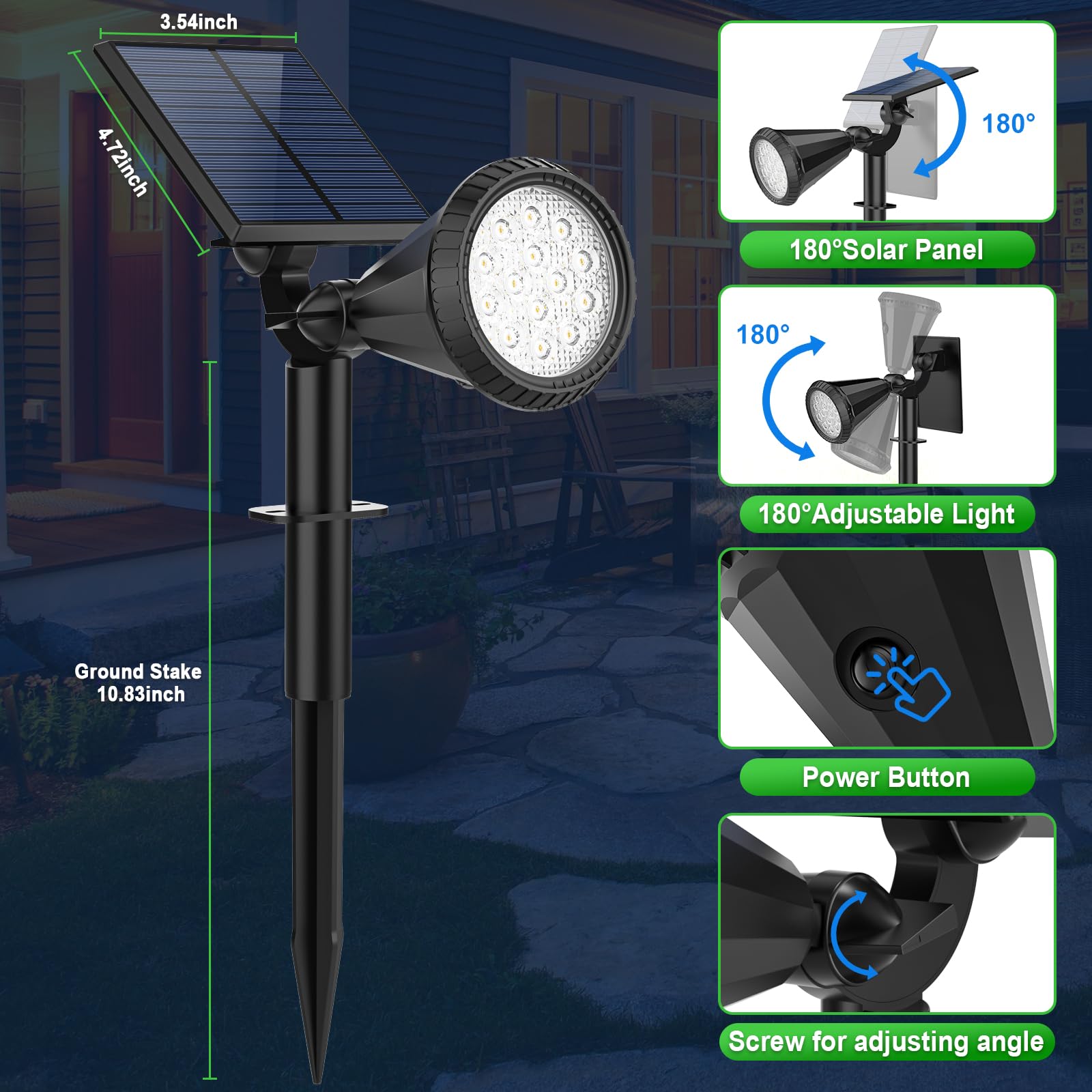 Tadyreal Luci solari per esterni, impermeabili, regolabili a 180°, per cortile, 4 modalità di illuminazione, faretti ad energia solare, per vialetti, giardini, pareti esterne, piscina, portico