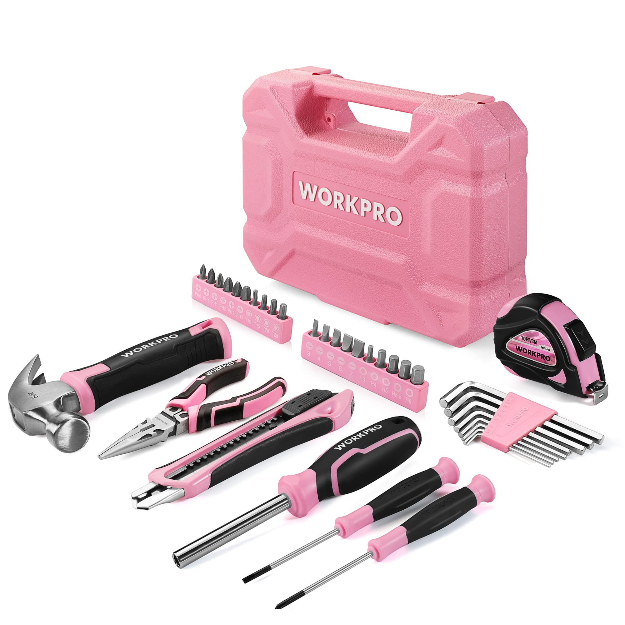 WORKPRO Caisse à Outils Rose 35 Pièces, Trousse à Outils avec Boîte de Rangement, Mallette Outils Rose pour Usage Domestique ou Petits Travaux | Trousse à Outils avec Boîte de Rangement, Mallette Outils Rose pour Usage Domestique ou Petits Travaux