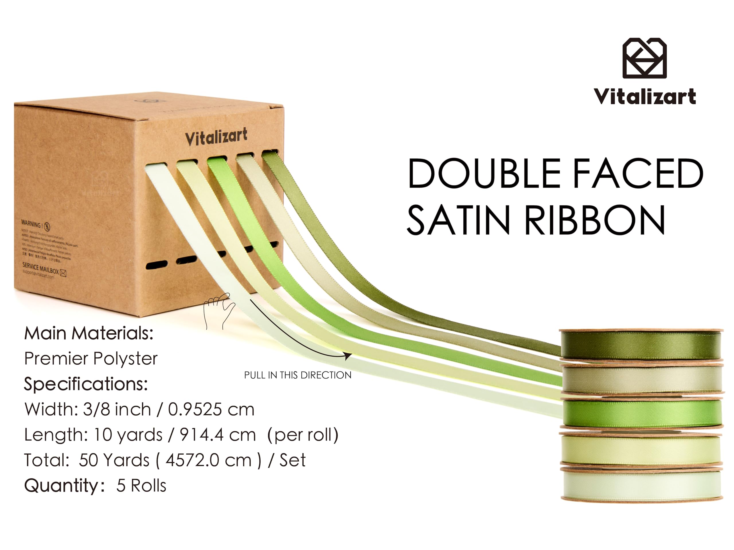 Vitalizart Green Series Satin Ribbon for Crafts 3/8'' x 50Yd (5 Rolls x 10Yd) - Image 2