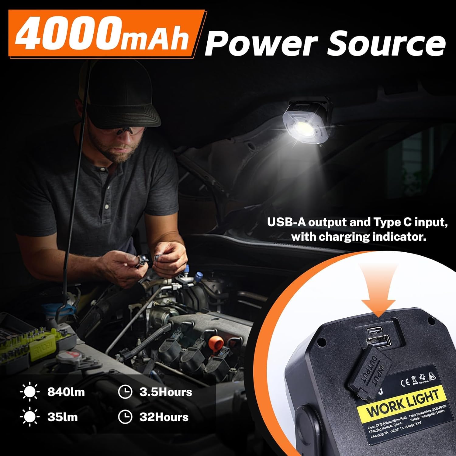 KunHe 2 Pack 4000mAh 840 Lumens Magnetic Rechargeable Work Light Stepless Dimming Magnetic car Light Mechanic 32 Hours Long Runtime Magnetic Shop Light 330° Rotatable Portable Lamp with Hook - Image 3