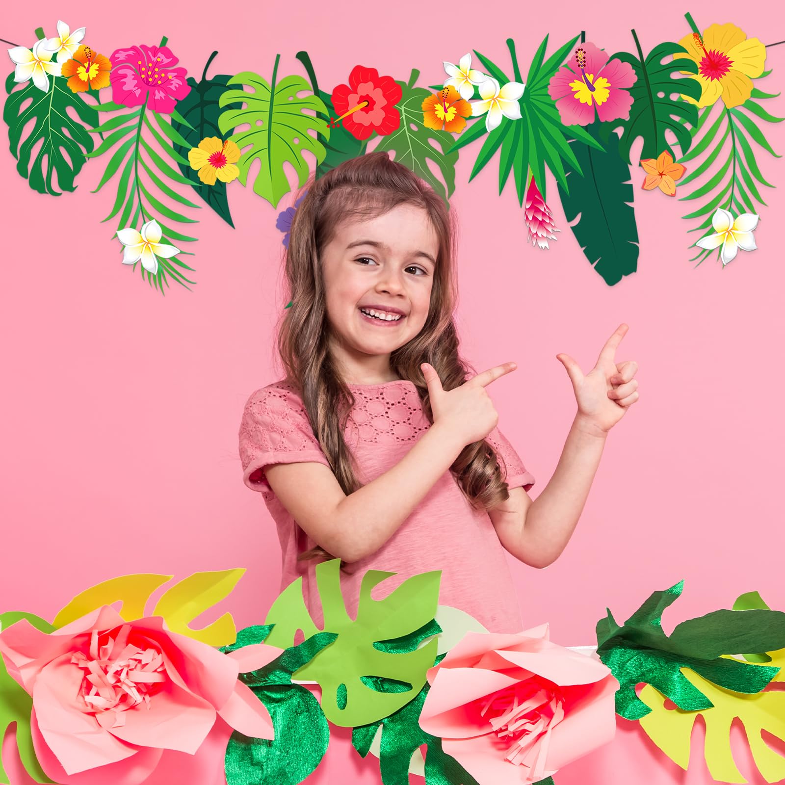 JarThenaAMCS Tropische Blumengirlande Luau Hibiskus Palmblätter Papier Banner Hawaii Aloha Party Girlande für Luna Geburtstag Sommer Strand Pool Party Dekor