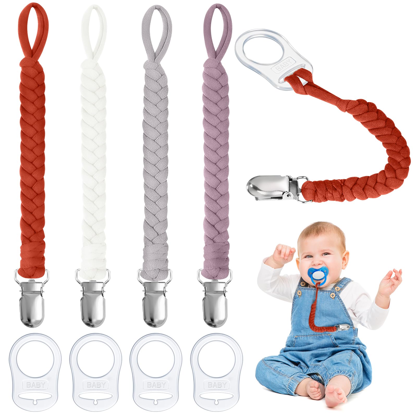 Aolso Schnullerketten Baumwolle Schnullerketten, 4pcs Schnullerkettenclips, Schnullerketten unisex, Schnuller, Geflochtene Schnullerkette (Rosa lila/Grau/Weiß/Kastanienbraun)