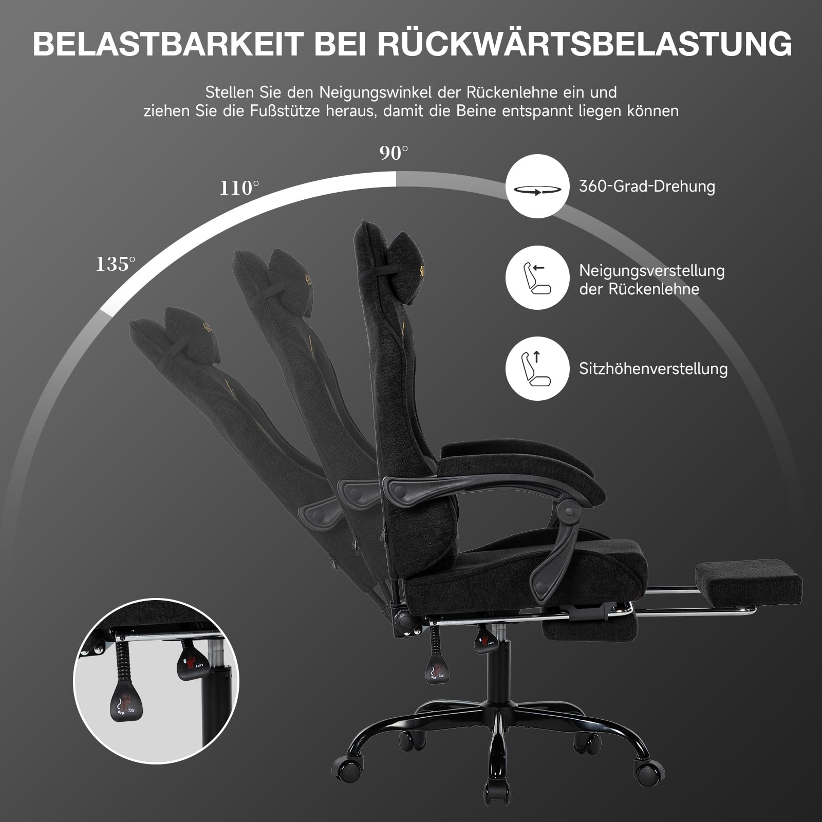 SUKIDA Gaming Stuhl Stoff Ergonomisch, Chenille Gaming Chair mit Fußstütze, Kopfstütze und Lendenkissen, Höhenverstellbarer Schreibtischstuhl mit Atmungsaktivem Stoff, 150 kg,Schwarz