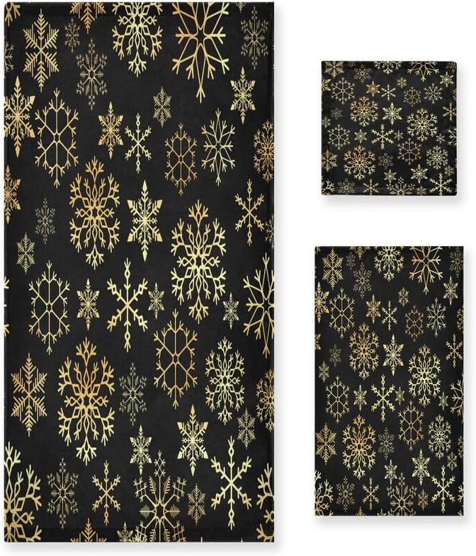 Juego de 3 toallas de baño con copos de nieve de color negro y dorado, súper suaves y lujosas, toallas de mano decorativas de algodón para baño,