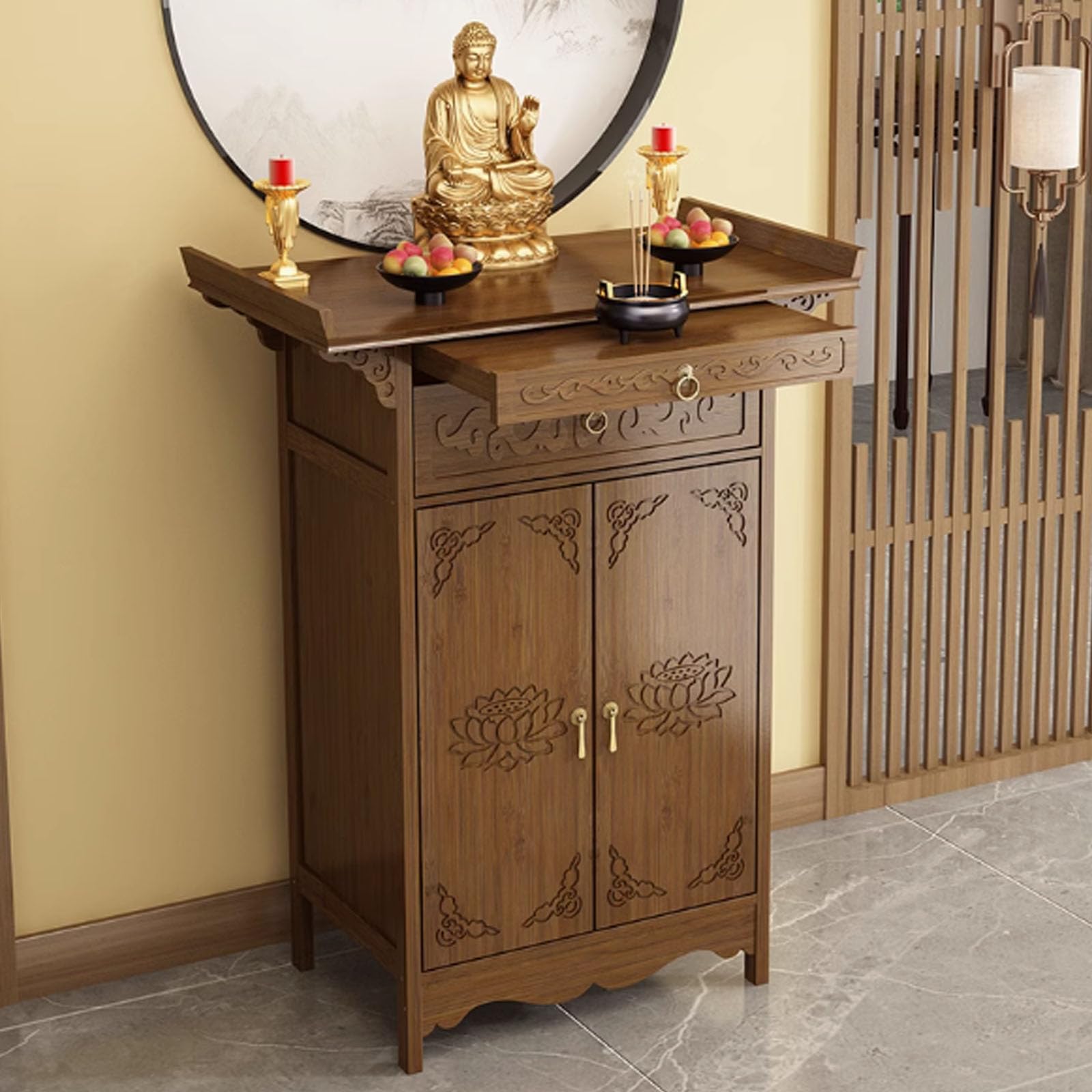 IvyLoutish Buddha Altar Shrine Table with Storage - Wooden Cabinet for Buddhists and Altars