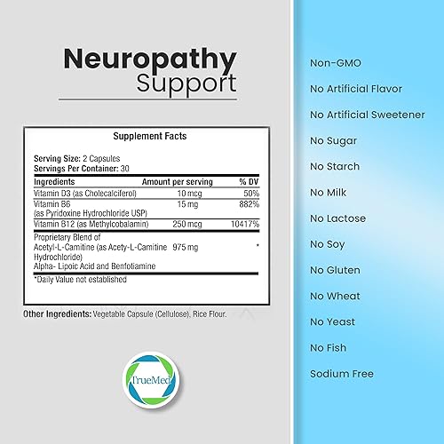 Miniatura 3 de Suplemento para la salud neuropatía neuropatía y nerviosa con vitamina D3, B6, B12, acetil-L-carnitina, ácido alfa lipoico y benfotiamina apoya la
