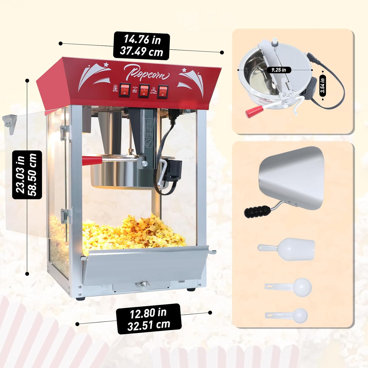 12 Oz Countertop Popcorn Machine (Red) - Retro Style Popcorn Maker - 3 Easy Switches, Make Up to 48-60 Cups for Home Theater, Party, Events