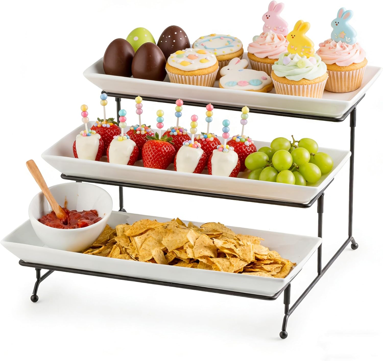 Gomakren 3 Tier Serving Trays Stand 14 Inches Serving Platters Rectangular Large Serving Plates for Party Display Set Collapsible Sturdier Rack, White Serving Trays and Platters