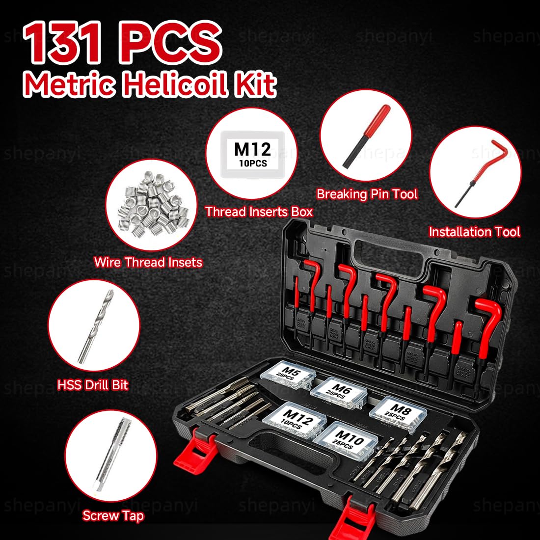 131 Pezzi Kit Riparazione filettature, Kit Riparazione filettature con Inserti M5 M6 M8 M10 M12, Manicotti, Set Helicoil, Utensili per Riparazione filettature, Punte, Manicotti