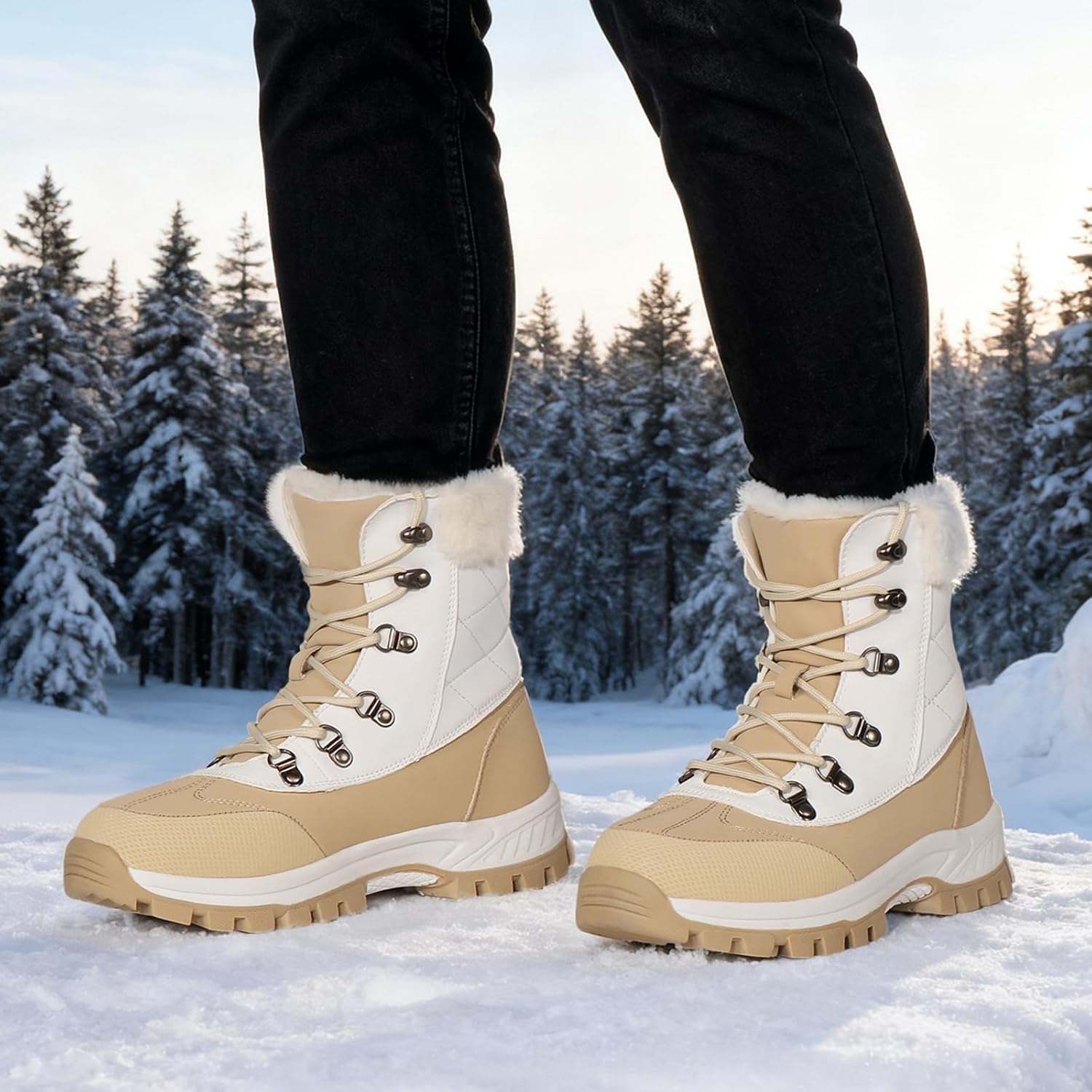 Women's Waterproof Winter Snow Boots丨Warm Faux Fur Lined Insulated Lightweight Non-Slip Lace-Up Mid-Calf Booties