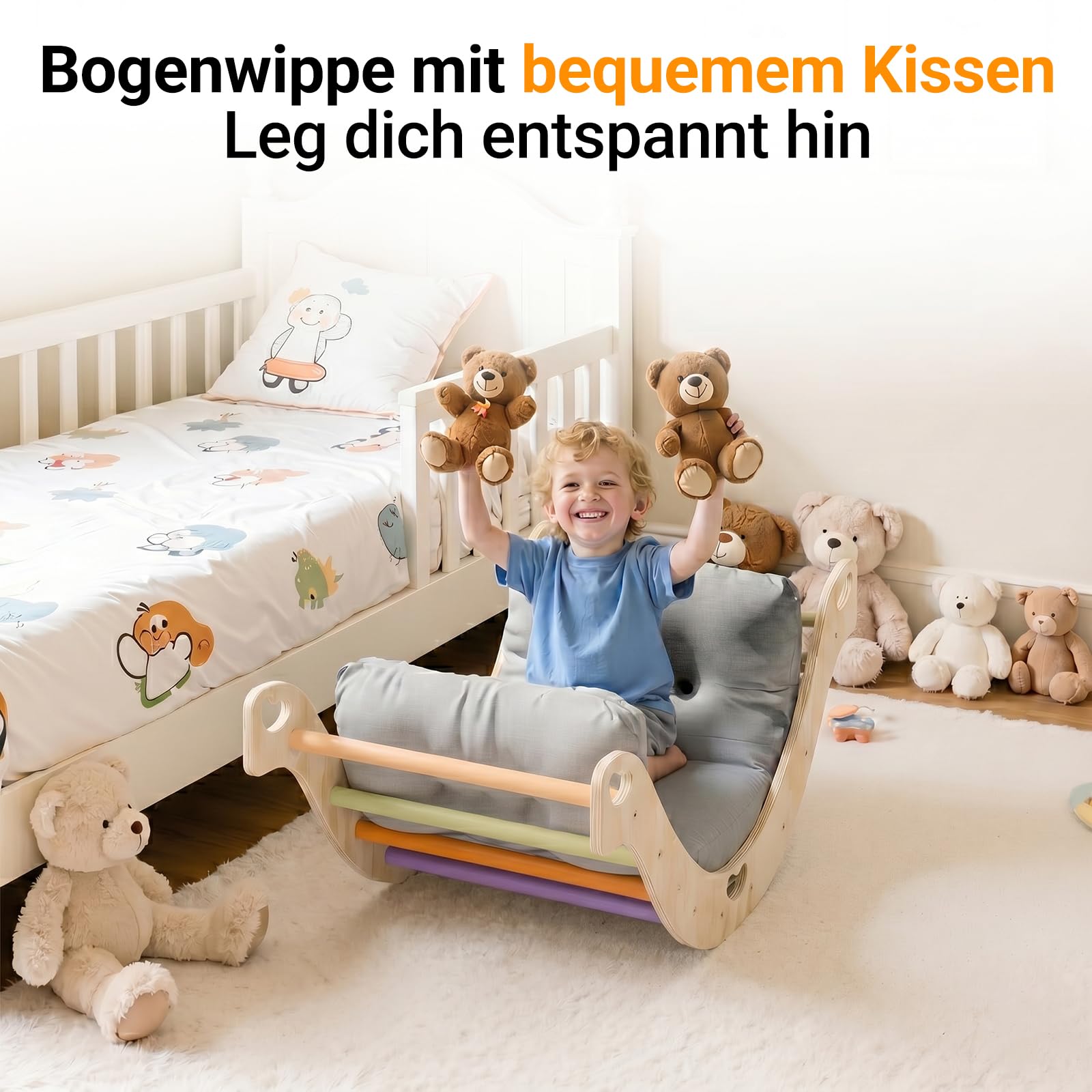 COSYLAND Montessori Kletterbogen aus Holz mit Kissen, Baby Kletterbogen ab 1 Jahr, Holzwippe Indoor zum Wippen, Klettern und Krabbeln, Bogenwippe Regenbogen