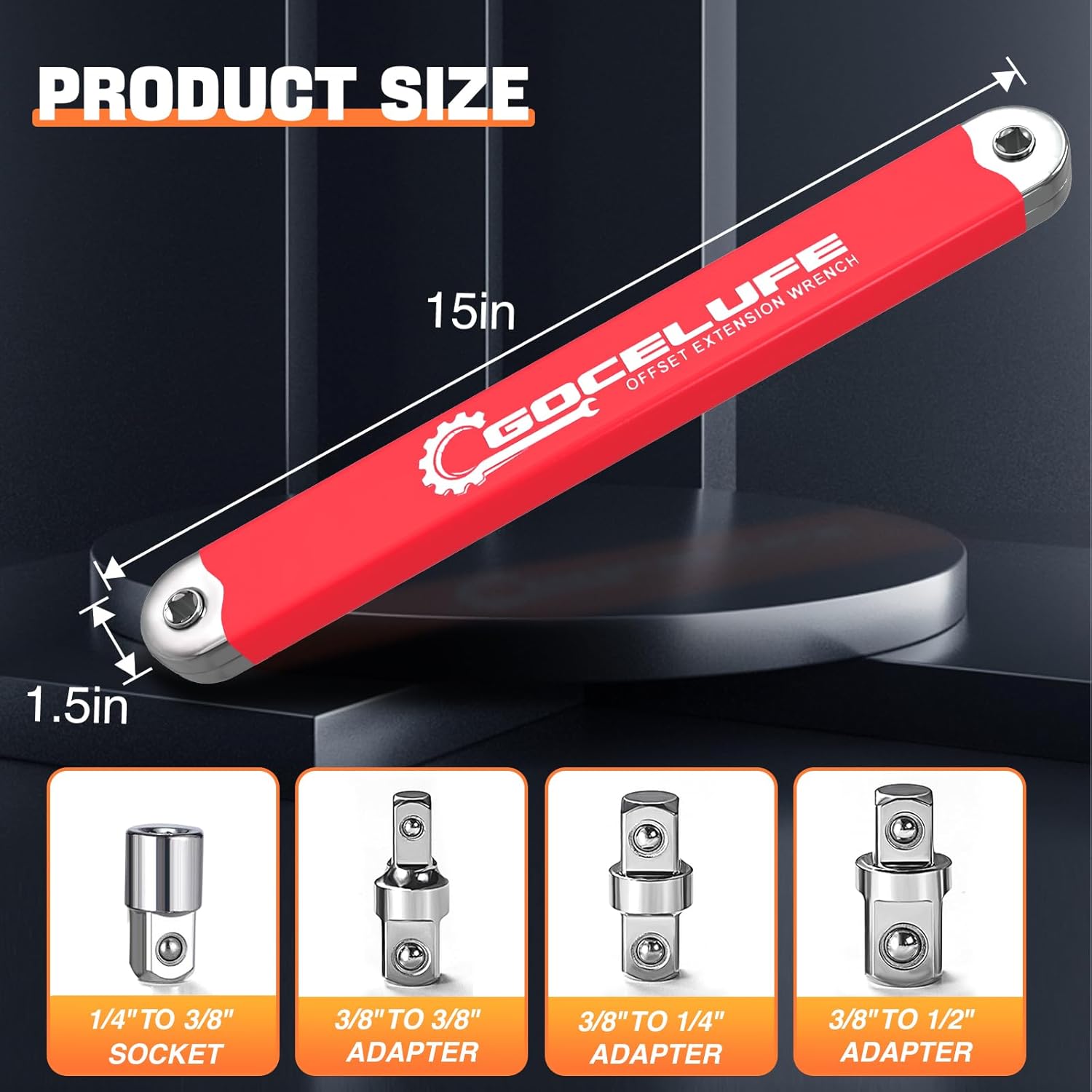Offset Extension Wrench Impact - Tight Reach Wrench Set with Universal Square Drive Adapters (1/4", 3/8", 1/2") - Ideal for Tight Spaces - Unique Stocking Stuffers for Mechanics (Red)