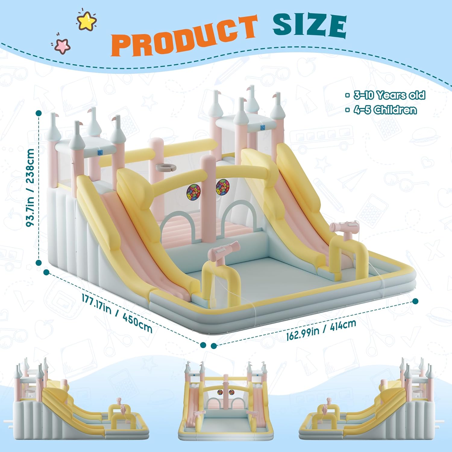 Albott Inflatable Bounce House, Water Slide with Jumping Area, Climbing Wall, Splash Pool and Water Gun, Indoor Outdoor Jumper for Big Children, Air Blower Included, Pastel Color, 177x163x94 Inch