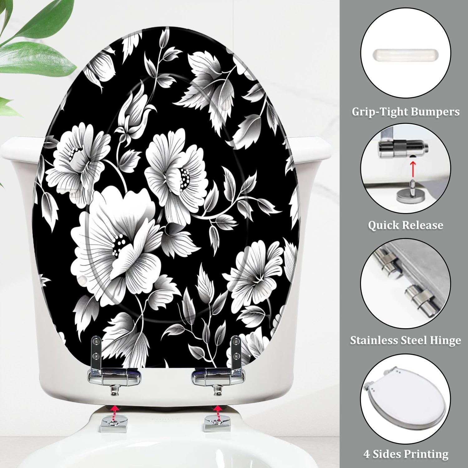 Sedile WC allungato in resina con coperchio, decorato con fiori bianchi e neri, chiusura silenziosa, cerniere a sgancio rapido.