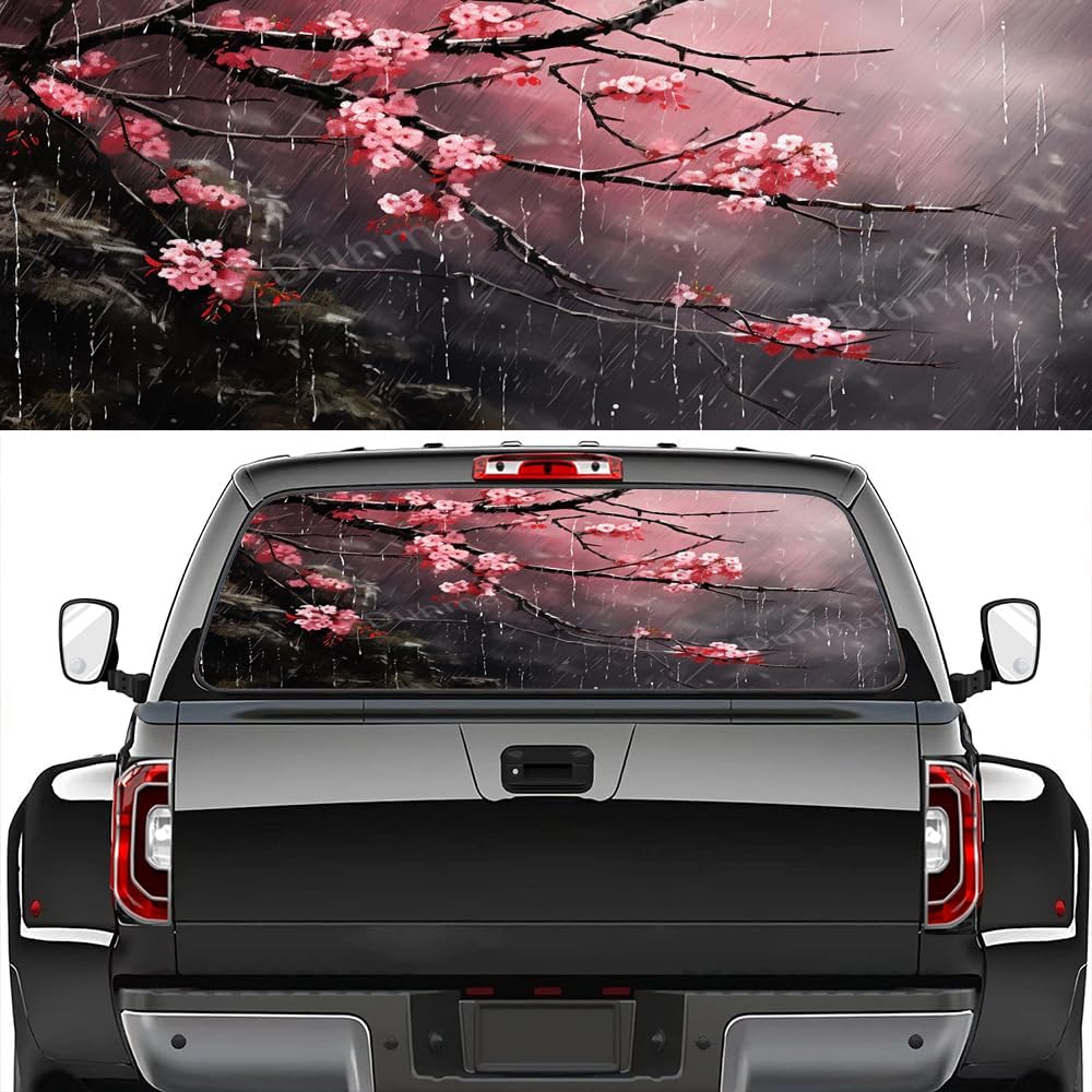 Colourful Cherry Blossom Rear Window Decals for Trucks, Rain Nature Pink Plant Back Window Tint Graphic Perforated Vinyl Truck Stickers,Pickup Window Decal 66 x 22 inch