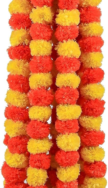 KAKUMANU Artificial Marigold Flowers for Decoration Long Marigold Garlands for Decoration Toran Indian genda phool for Wedding & Festivals Yellow-Orange/4.6 Feet/Set of 5 Mala
