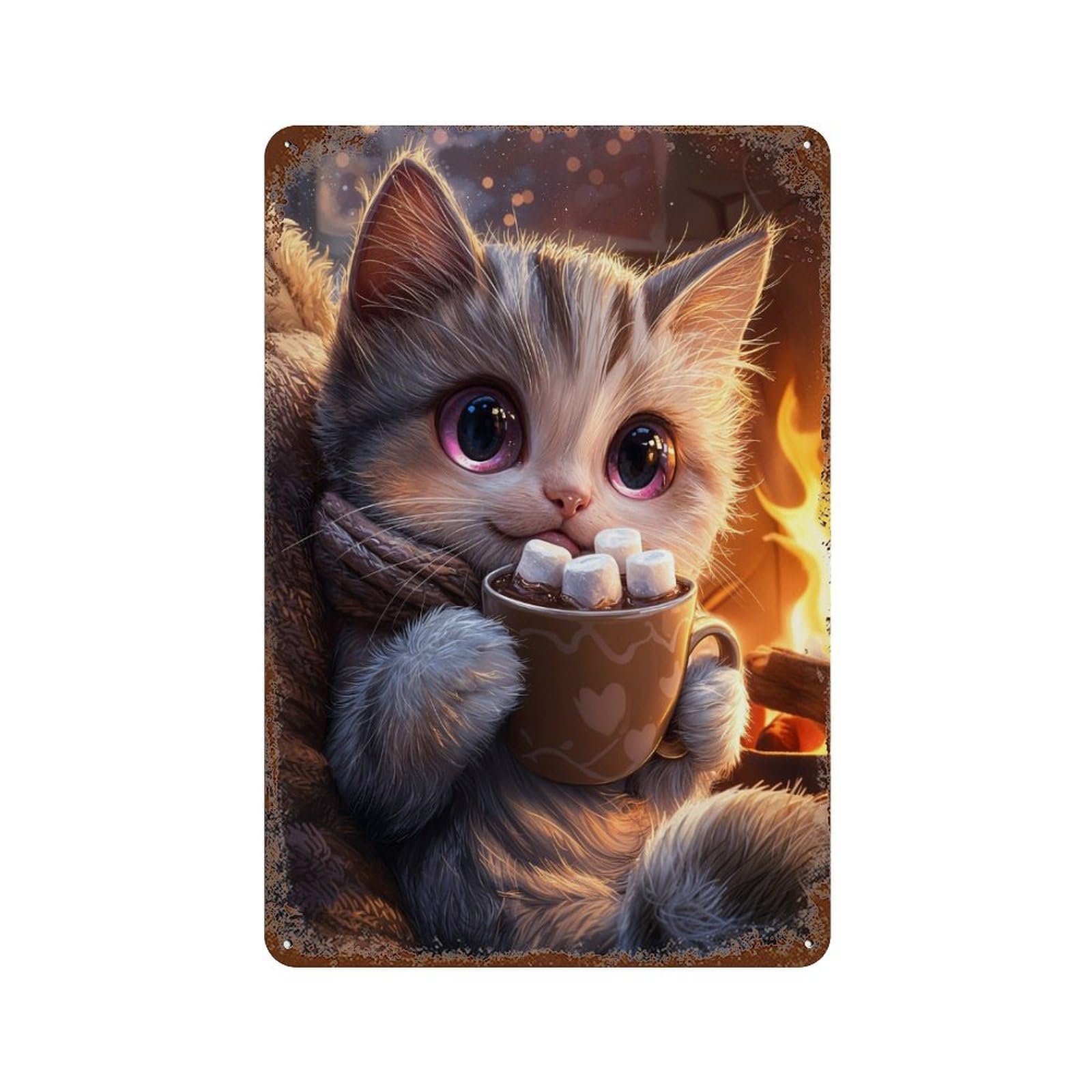 Cute Cat with Hot Chocolate Metal Signs Vintage Wall Art Tin Signs Decor for Game Rooms Flag Decorations Sign Plaques11.8"x7.9"
