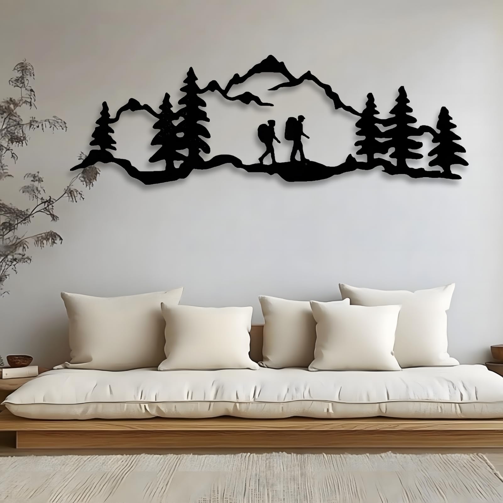 kuestboy Hiking Wall Art,Mountain Metal Wall Art,Mountain Range with Hiker,Mountain Scape Decor,Mountain With Trees,Camping Art,Mountain Scene (28"x 9