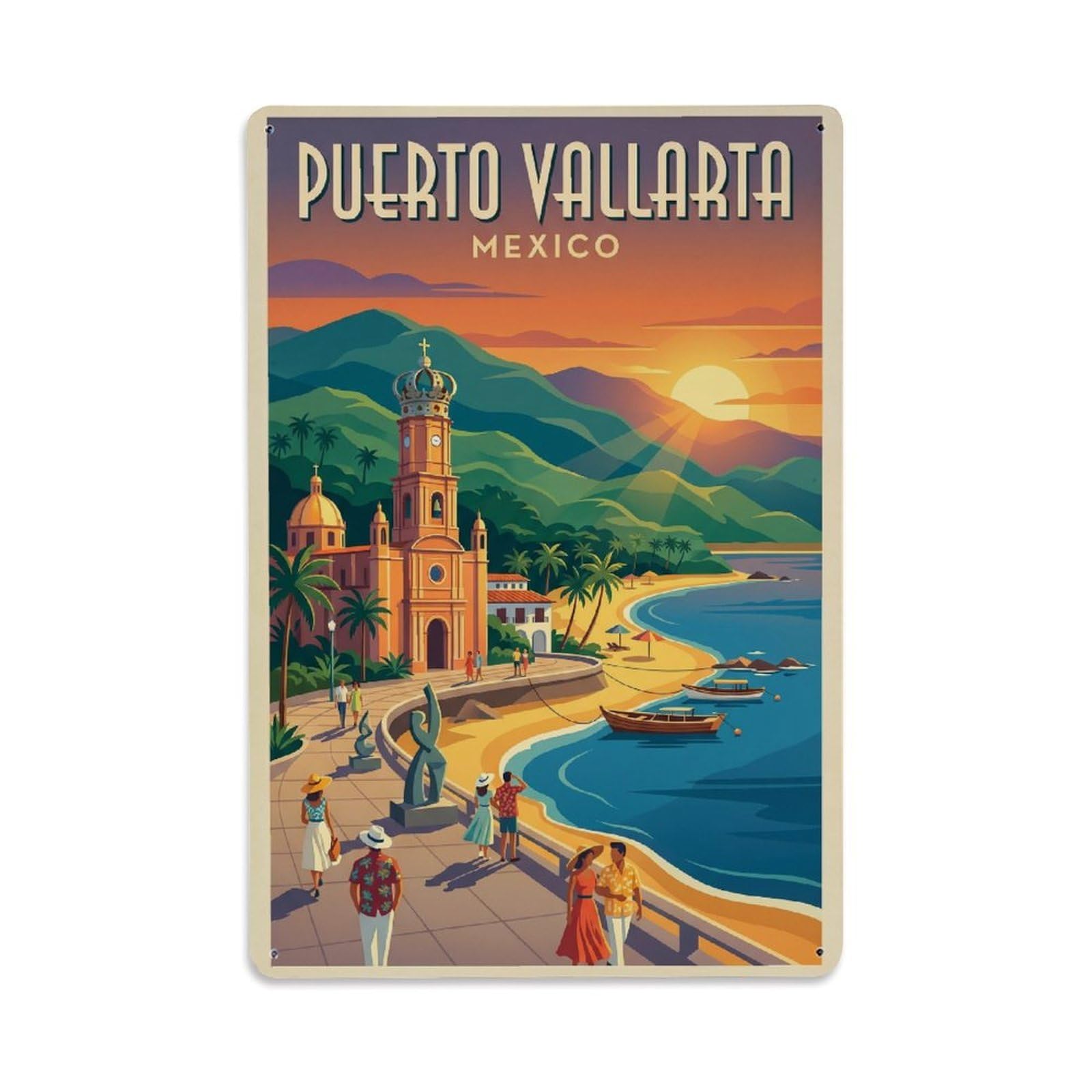 Vintage Mexico Puerto Vallarta Travel Metal Tin Sign
