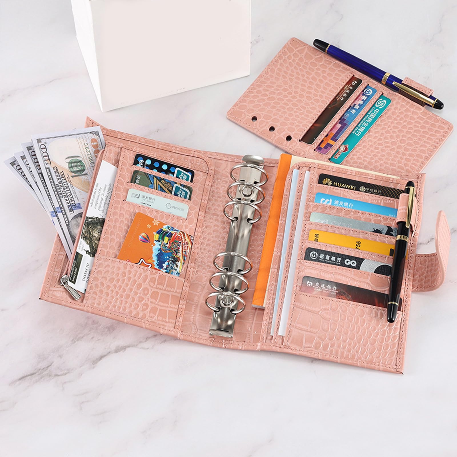 Taccuino ricaricabile in pelle PU con scomparto per penne, porta carte di credito, tasca per ricevute, borsa per contanti con cerniera, per donne e uomini, quaderno a tre ante