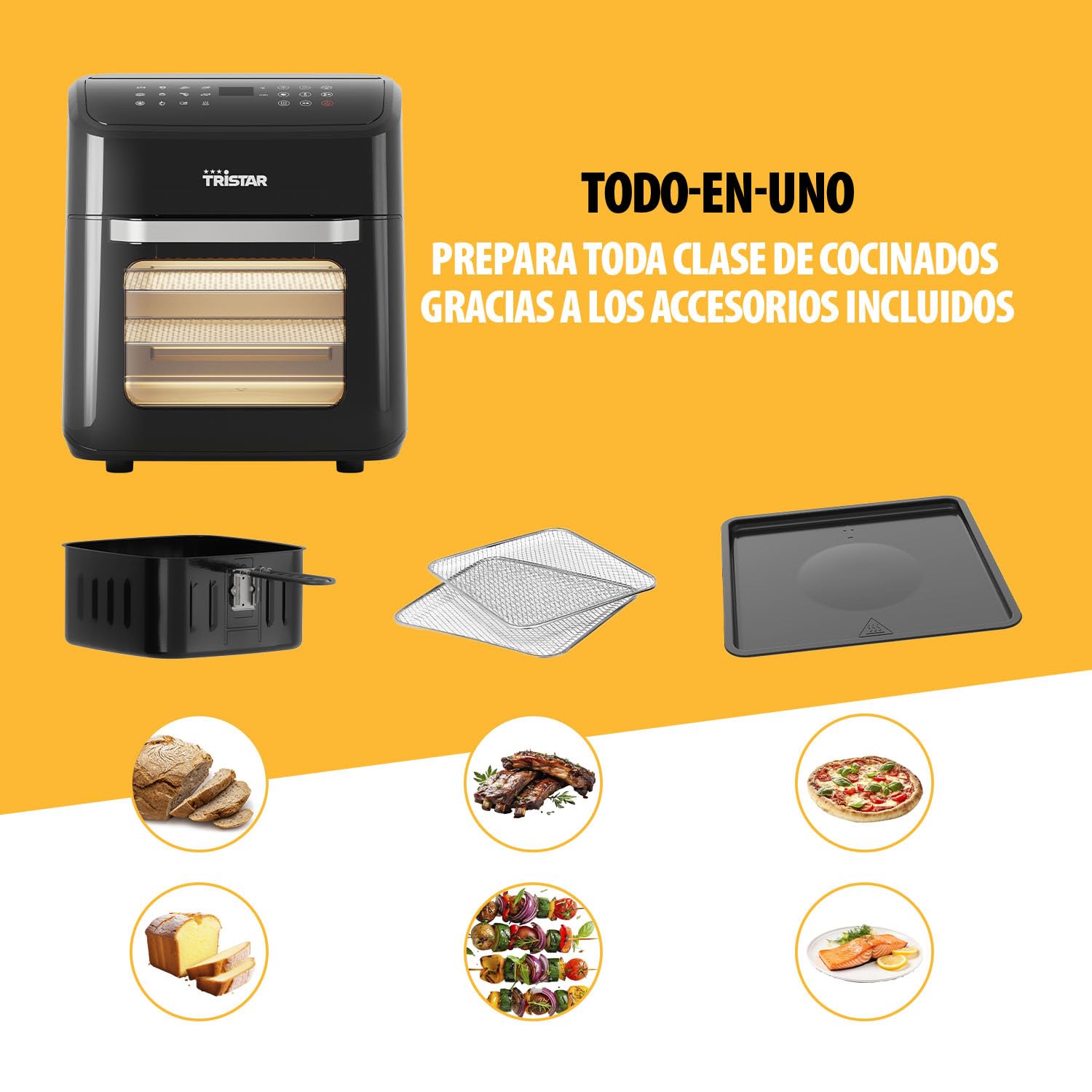 Tristar Freidora sin Aceite 12 L con Función Horno Mini, Airfryer 2 en 1 con Convección, 12 Programas, Pantalla Digital, Ventana, Función Shake, Libre de BPA, 1800 W, FR-9065