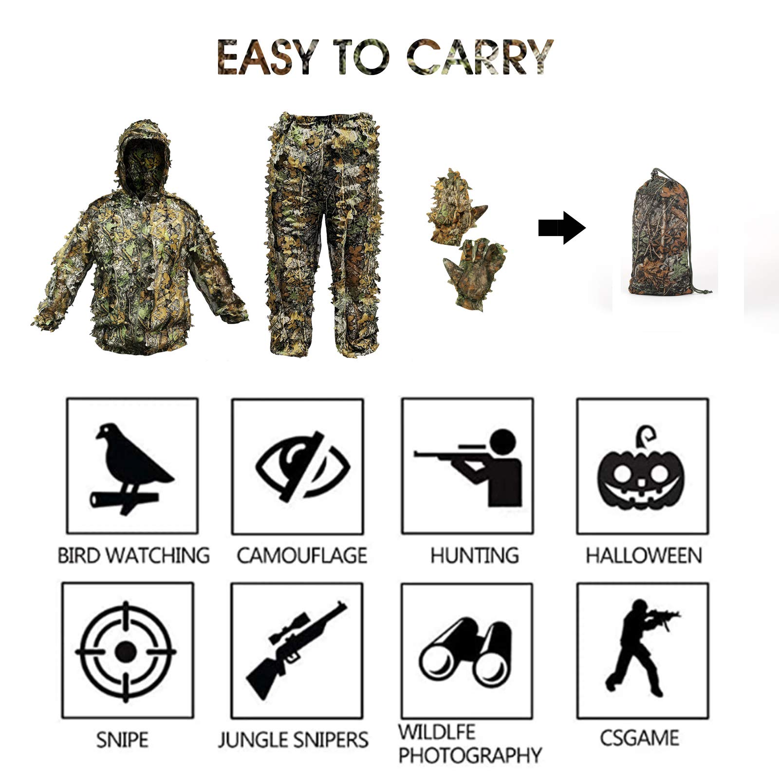 ANYDKE Ghillie Suit Camouflage Hunting Suits Outdoor 3D Leaf Lifelike Camo Clothing Lightweight Breathable Hooded Apparel Suit for Jungle Shooting Airsoft Woodland Photography or Halloween