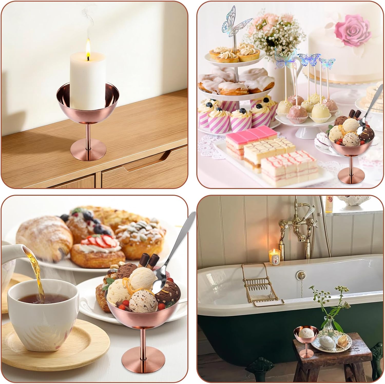 MIVIDE 4 Pack Ice Cream Cups, Ice Cream Bowl with 4 Spoons, Stainless Steel Dessert Cups Serving Dessert Bowls Silver Coupe Glasses for Pudding Dessert Frozen Yogurt Fruit (Rose)